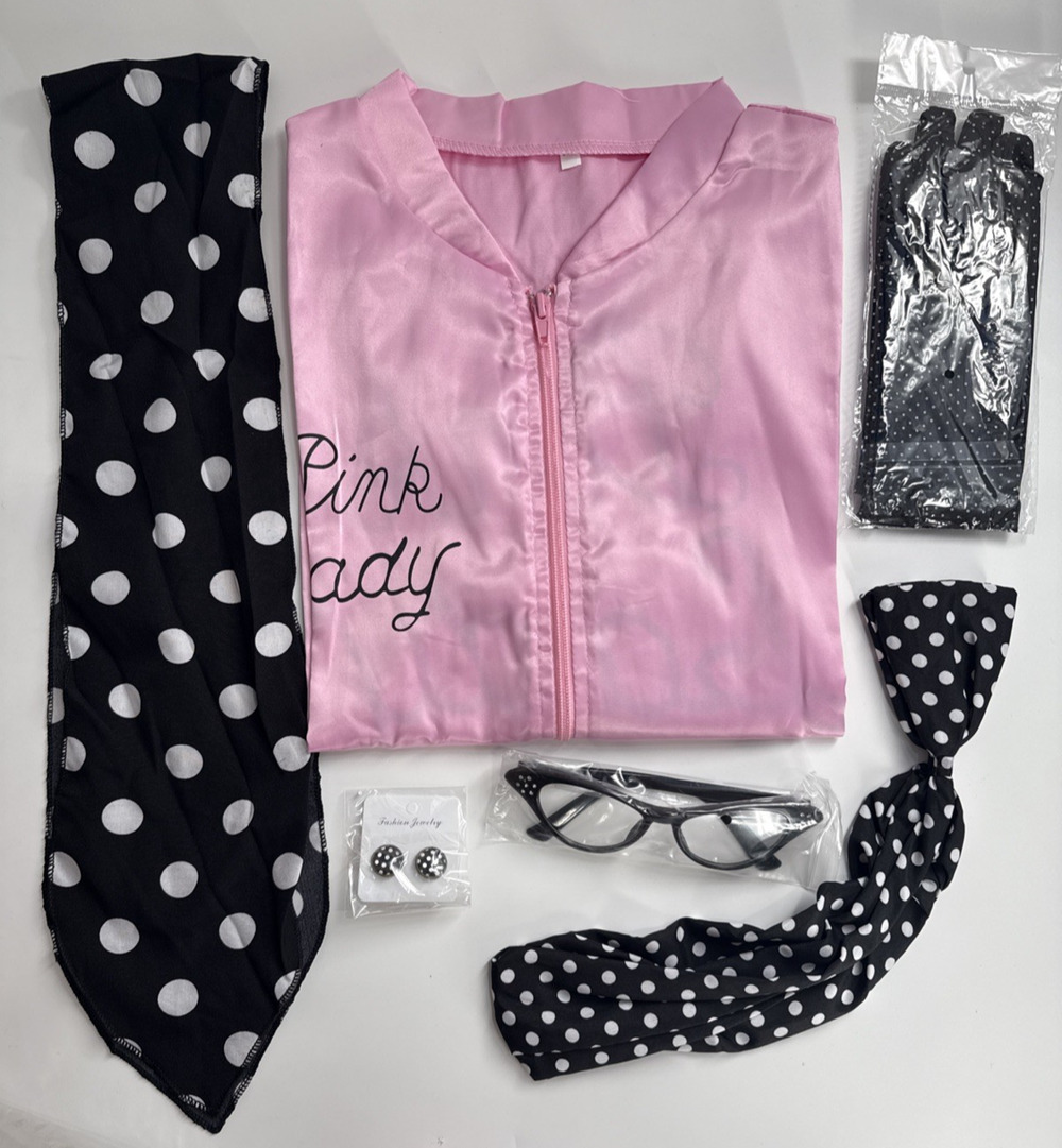 Women's 1950s Pink Satin Jacket w/Scarf Earrings Cat Eye Glasses Halloween Sz-XL